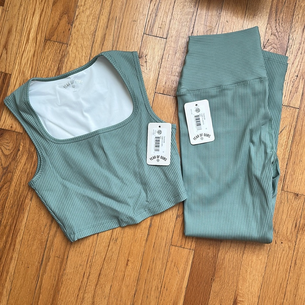 Year of Ours Ribbed Set in Basil - Diana Bra Crop & 7/8s Legging NWT
